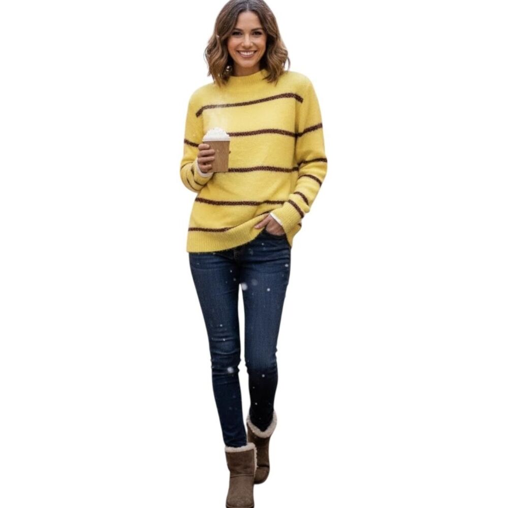 Tribekka 44 Sweater Womens Medium Citron Yellow Mock Neck Striped Rainbow Tinsel